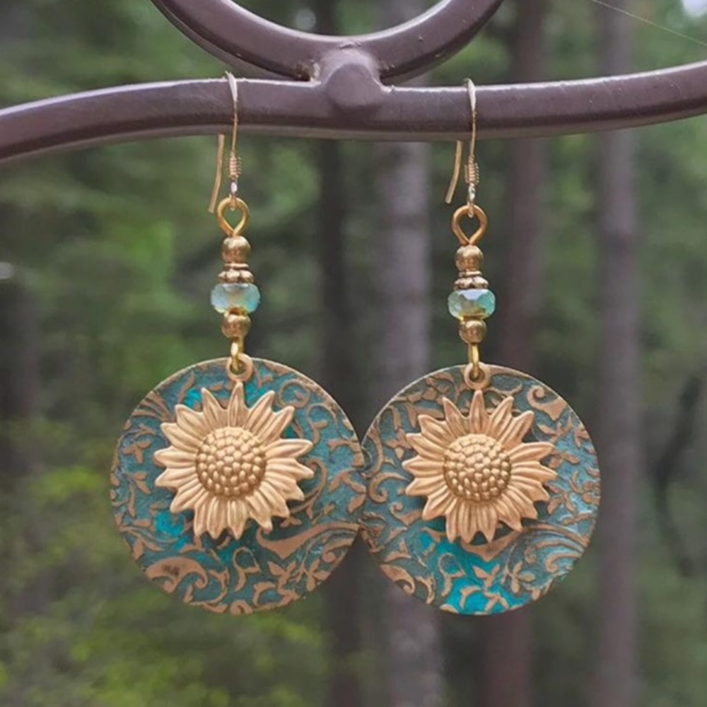 Sunflower Dangle Earrings Patina Verdigris
